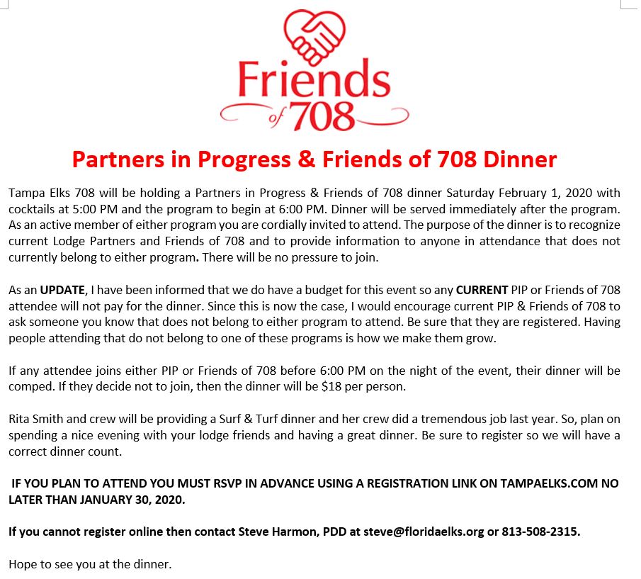 2019/2020 PIP and Friends of 708 Dinner